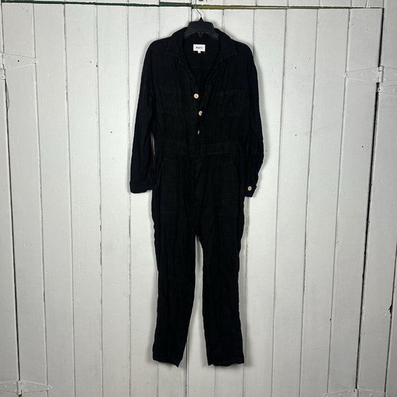 MATE the Label Women's Size Medium Black Linen Long Sleeve Button-Up Jumpsuit - Picture 3 of 15